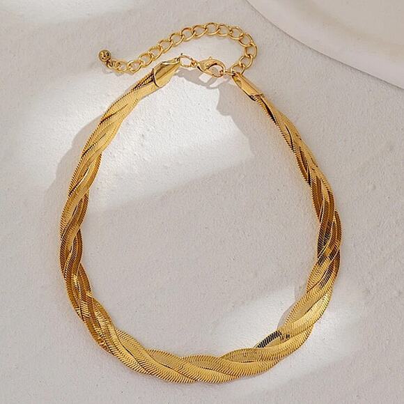 Gold Twisted Herringbone Choker, Necklace Thick, Statement - Picture 3 of 4